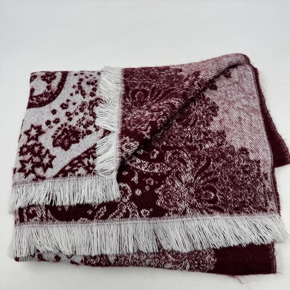 Wool Blend Paisley Wrap Shawl Scarf Preppy Cozy Maroon Burgundy - Picture 8 of 11